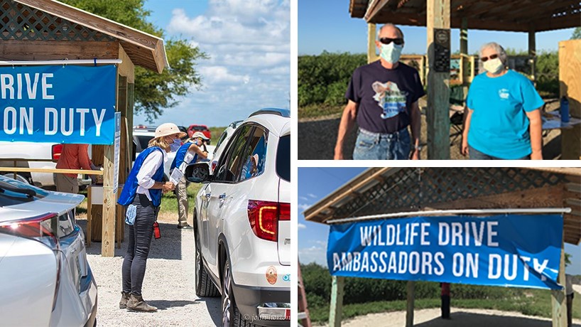 A woman standing in front of a car;two people standing;Wildlife Drive Banner